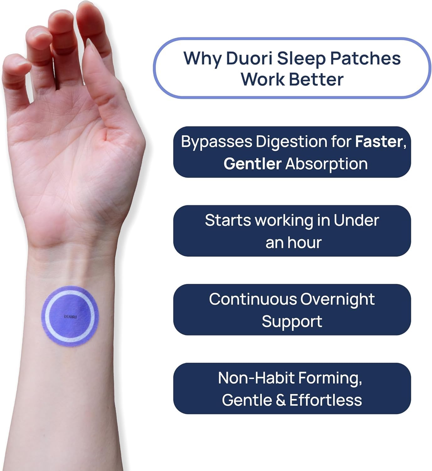 DUORI Sleep Patch on arm shows overnight wear for restful evenings