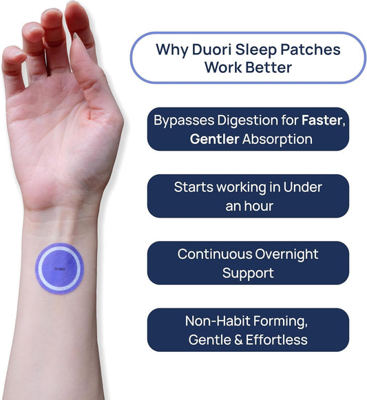 DUORI Sleep Patch on arm shows overnight wear for restful evenings
