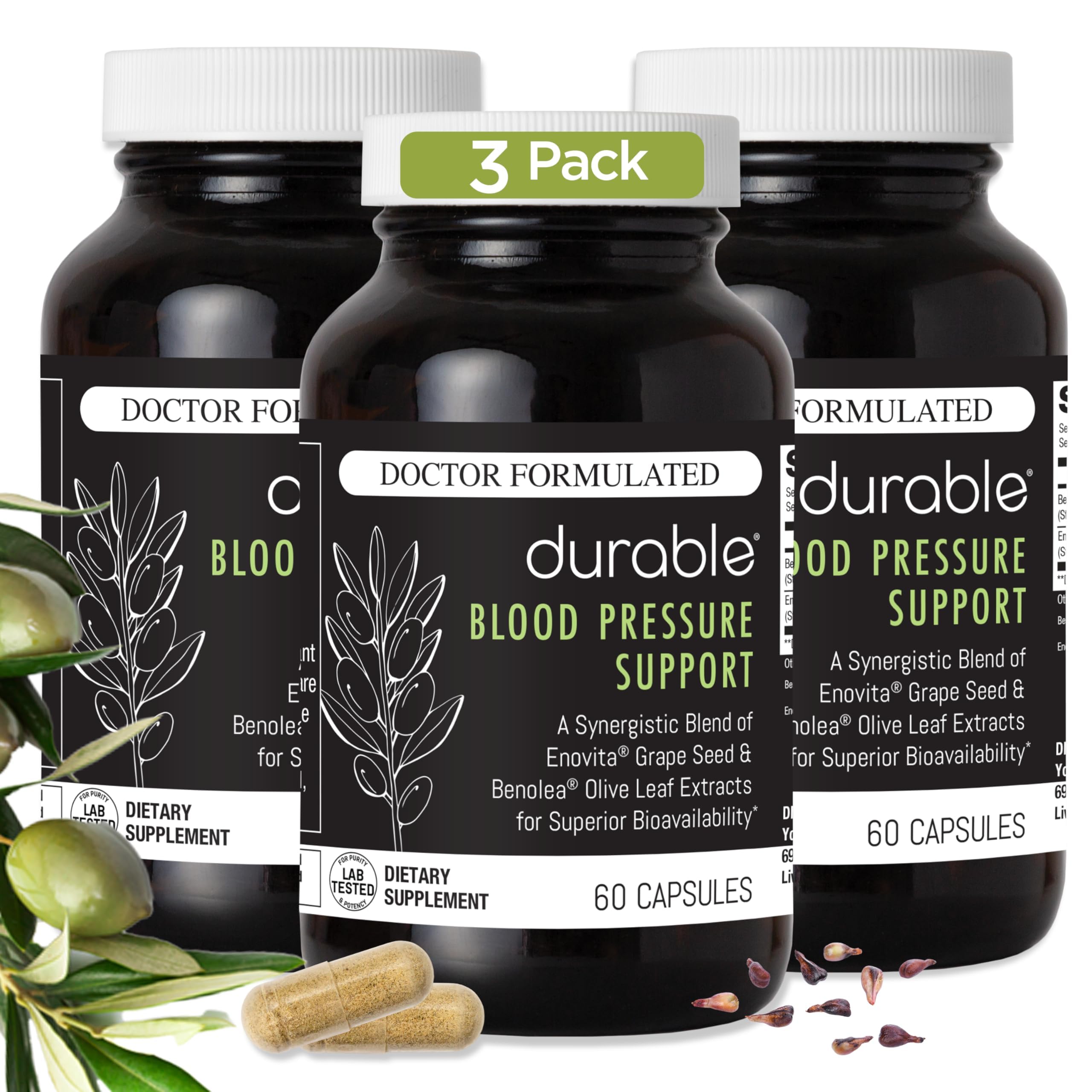 Durable Blood Pressure bottle label highlights olive leaf and grape seed blend for circulatory wellness.