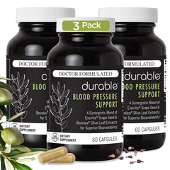 Durable Blood Pressure bottle label highlights olive leaf and grape seed blend for circulatory wellness.