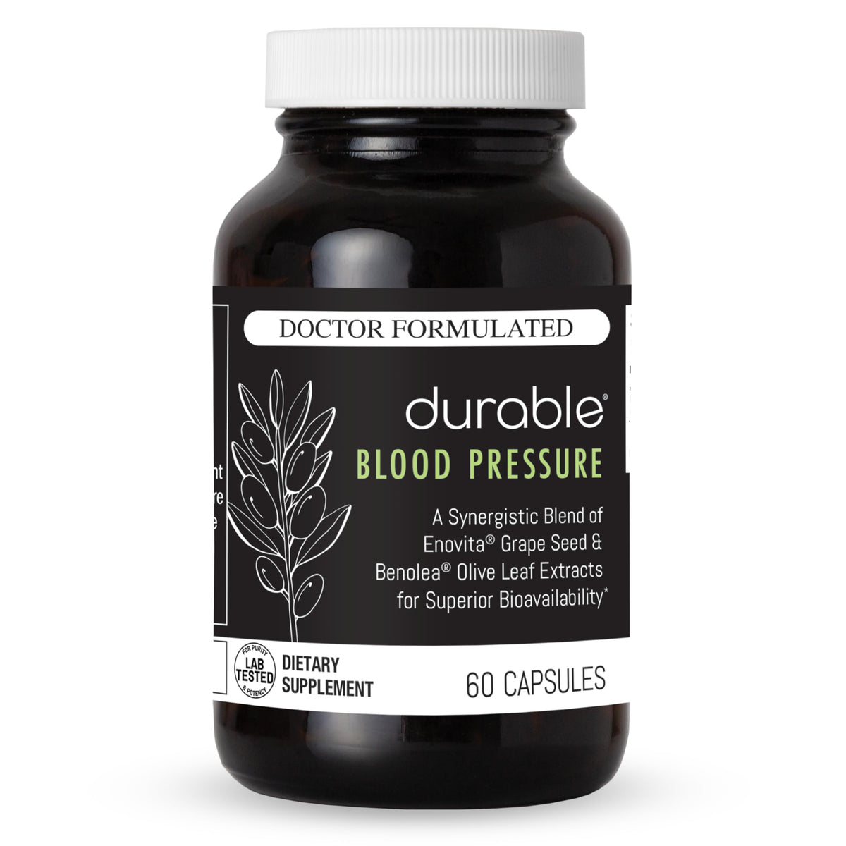 Durable Blood Pressure bottle front view shows a doctor-formulated blend for circulatory support.