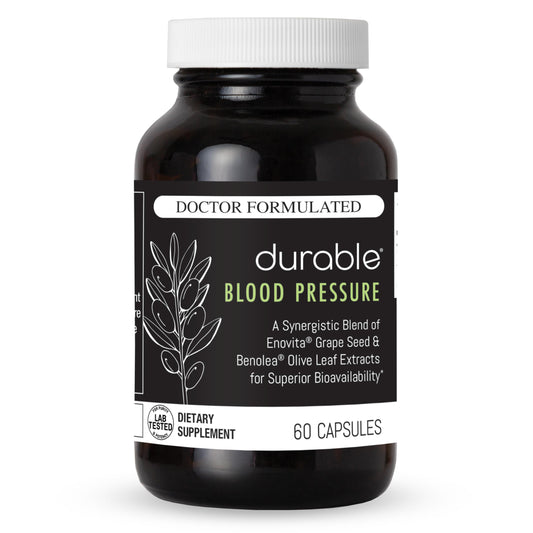 Durable Blood Pressure bottle front view shows a doctor-formulated blend for circulatory support.