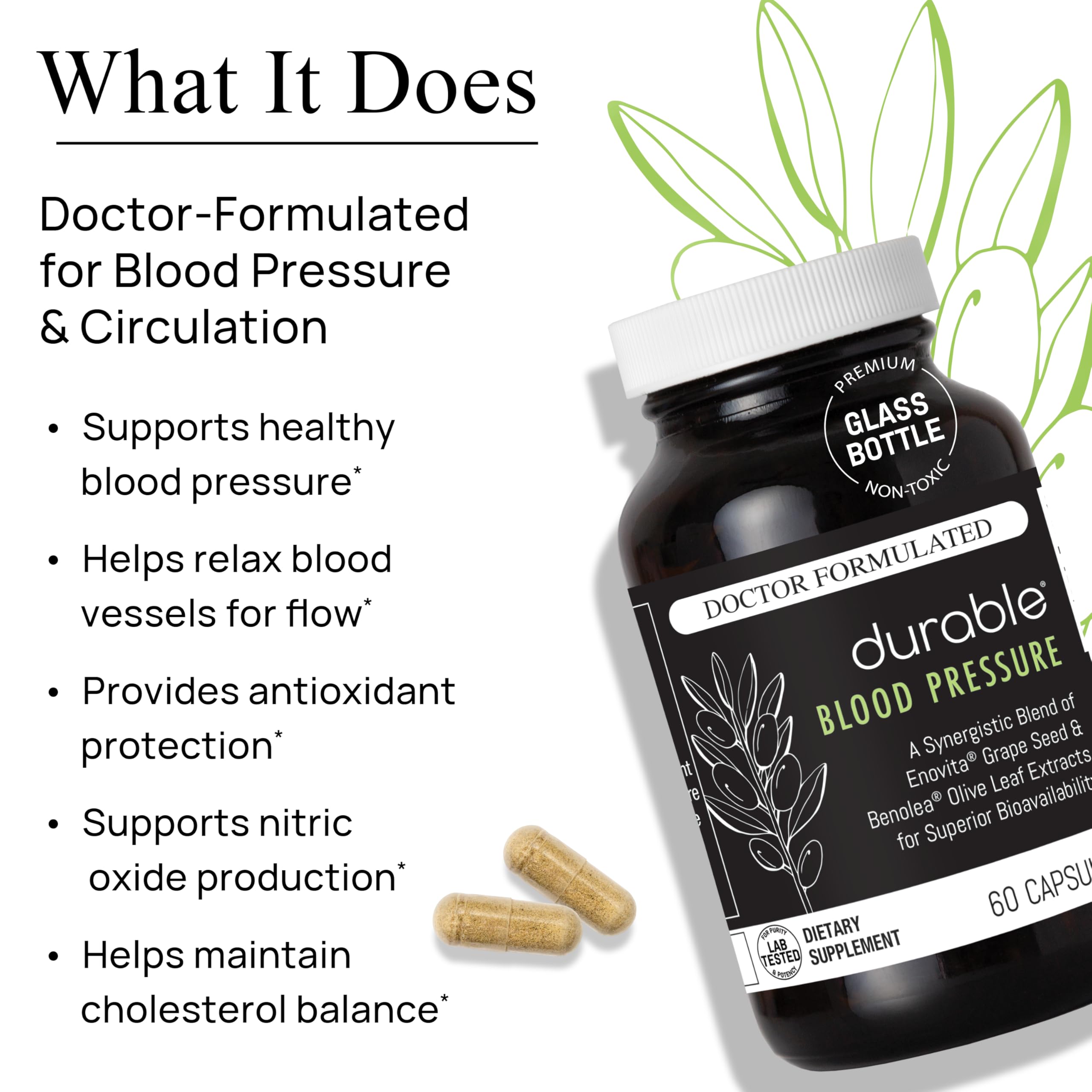 Durable Blood Pressure label highlights clinical validation and quality ingredients.