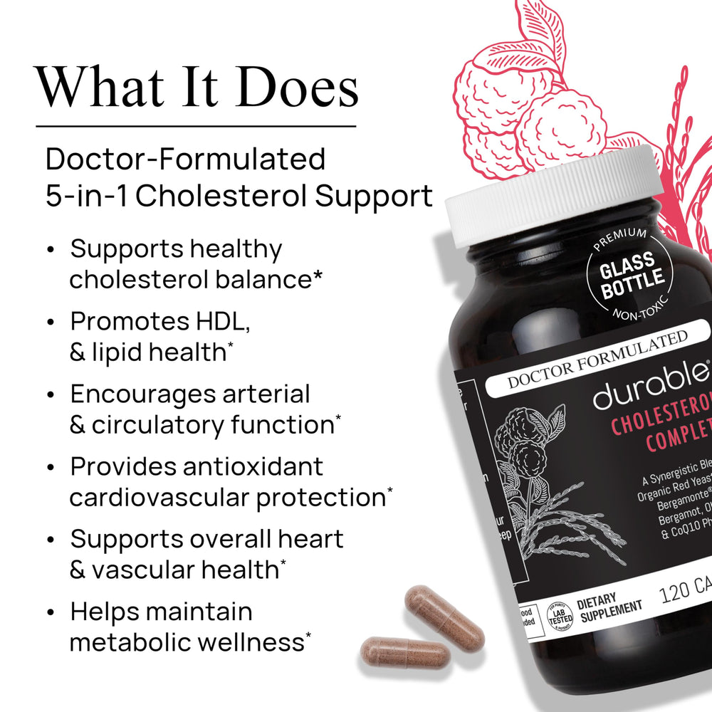 Durable Cholesterol Complete label view highlights USA made doctor formulated blend.