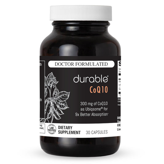 Durable CoQ10 bottle showing 300mg phytosome formula for enhanced energy support.
