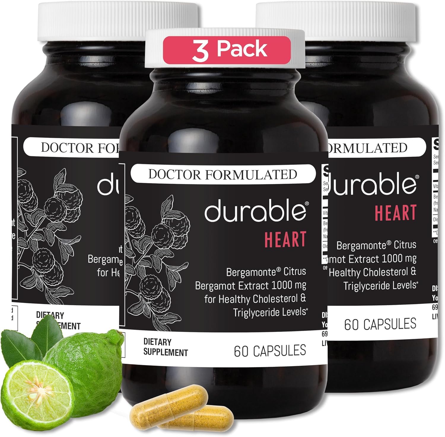 Durable Heart bottle close-up showing capsules for cardiovascular support.