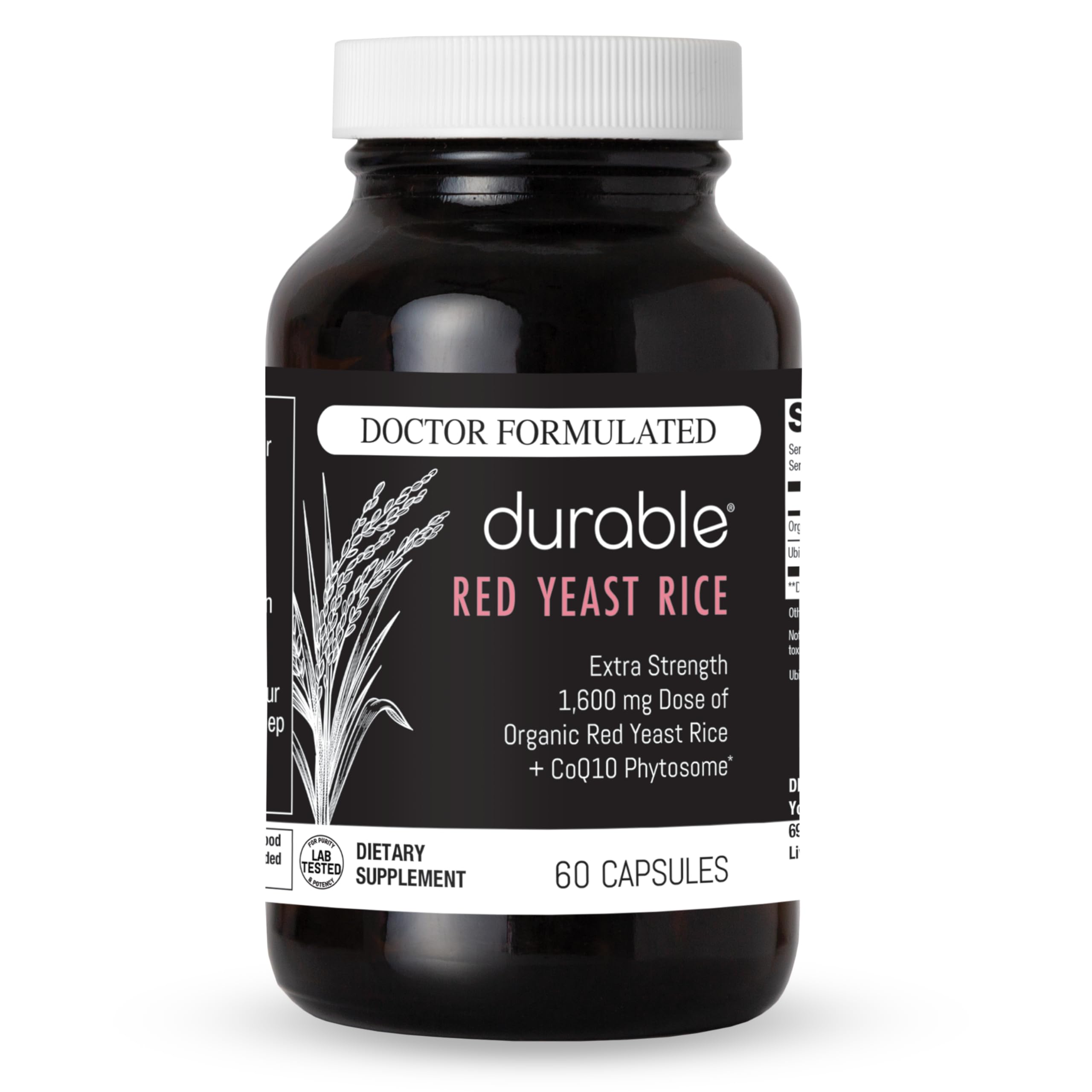 Durable Red Yeast Rice bottle showing daily dosage support for heart health.