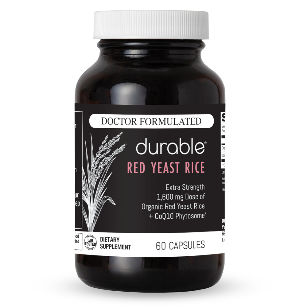 Durable Red Yeast Rice bottle showing daily dosage support for heart health.