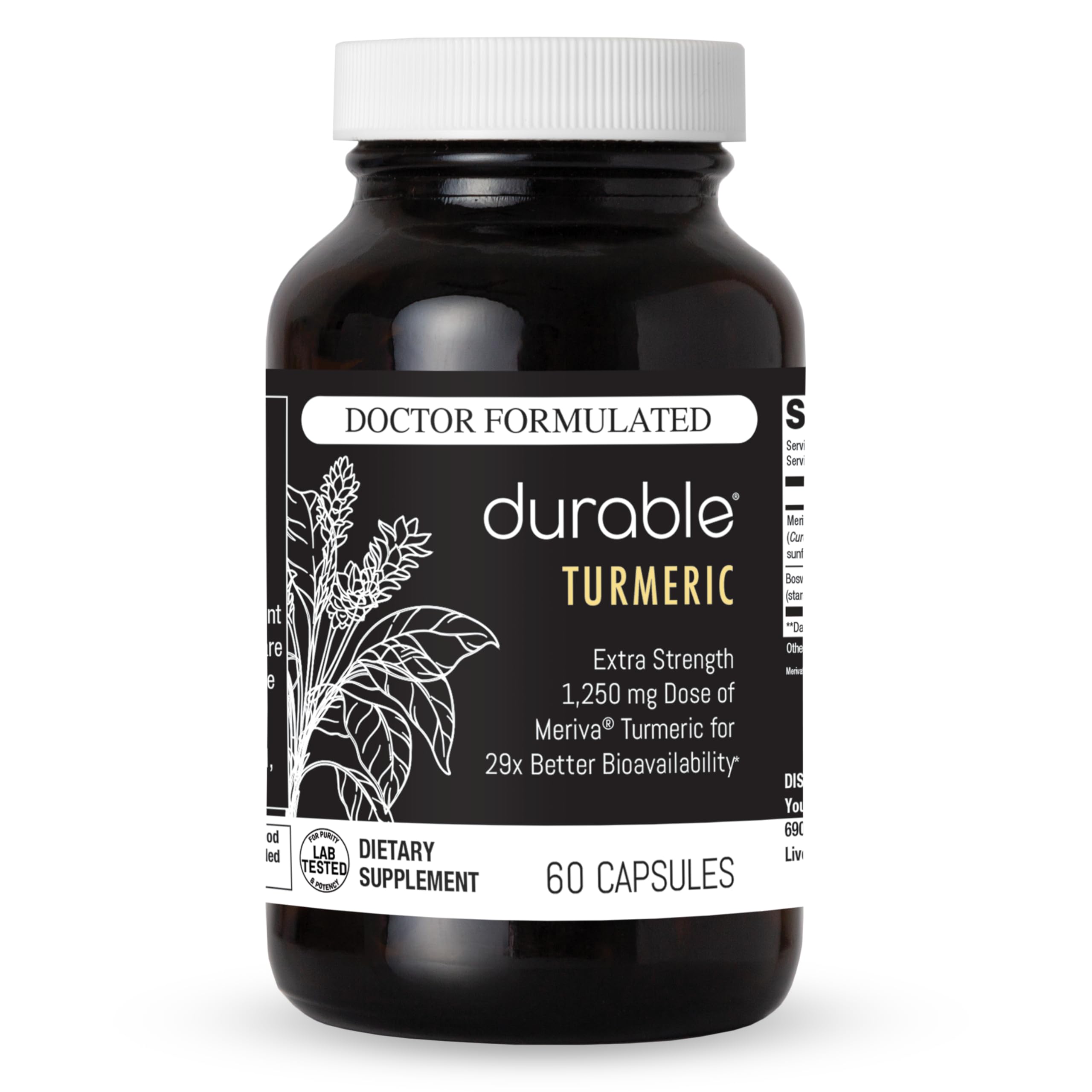 Durable Turmeric Meriva bottle pour shows convenient daily dosage for joint support.