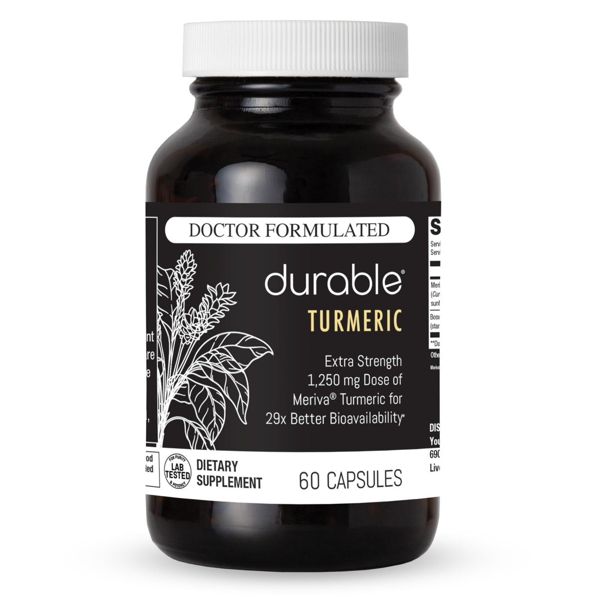 Durable Turmeric Meriva bottle pour shows convenient daily dosage for joint support.