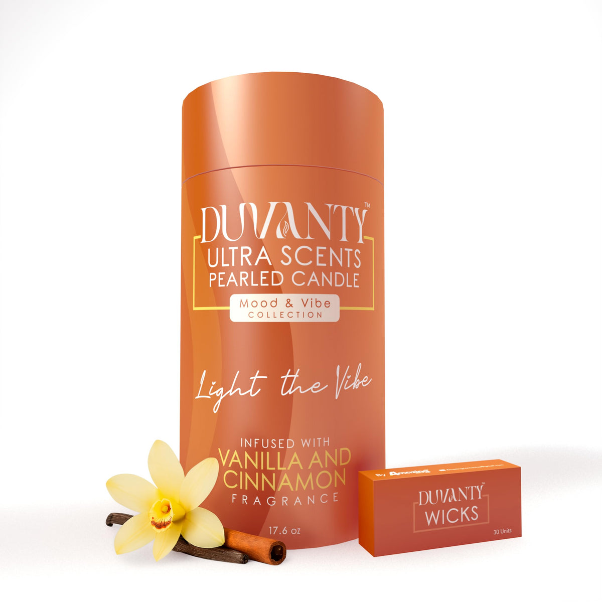 DUVANTY Vanilla and Cinnamon pearled candle sand enhances cozy mornings.