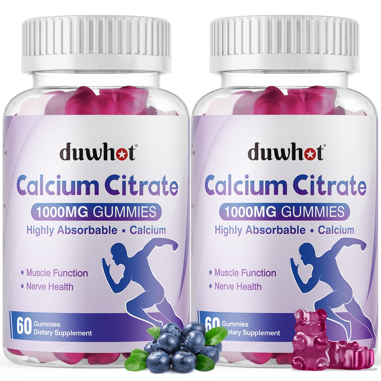 Duwhot Calcium Citrate Gummies blueberry bottle, vegan, gluten-free formula for bone support.