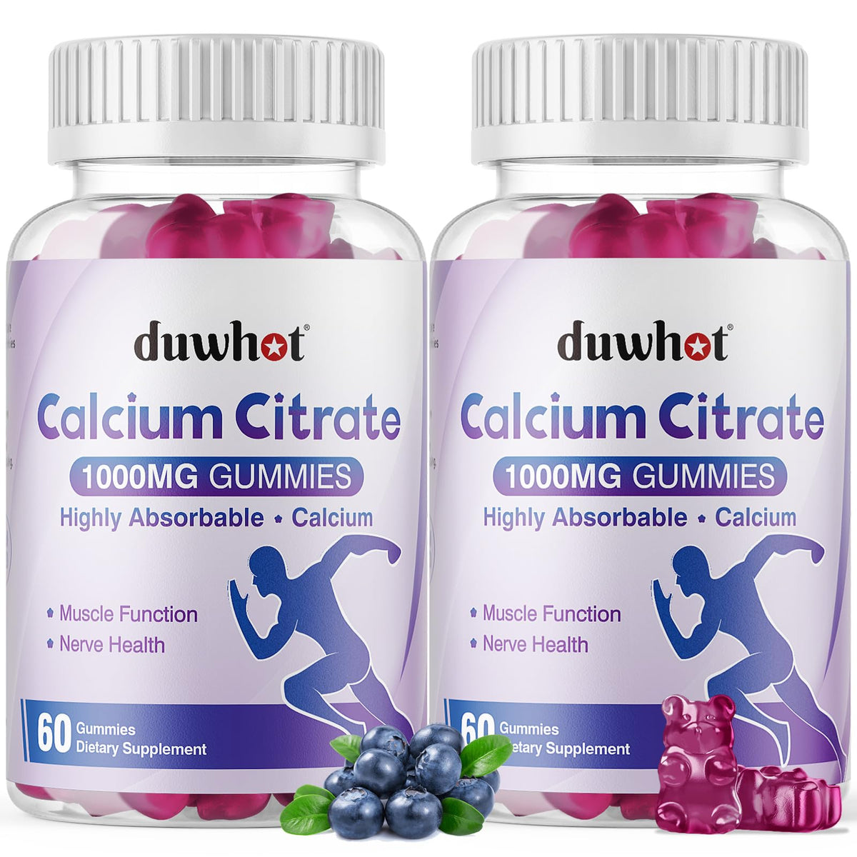 Duwhot Calcium Citrate Gummies blueberry bottle, vegan, gluten-free formula for bone support.