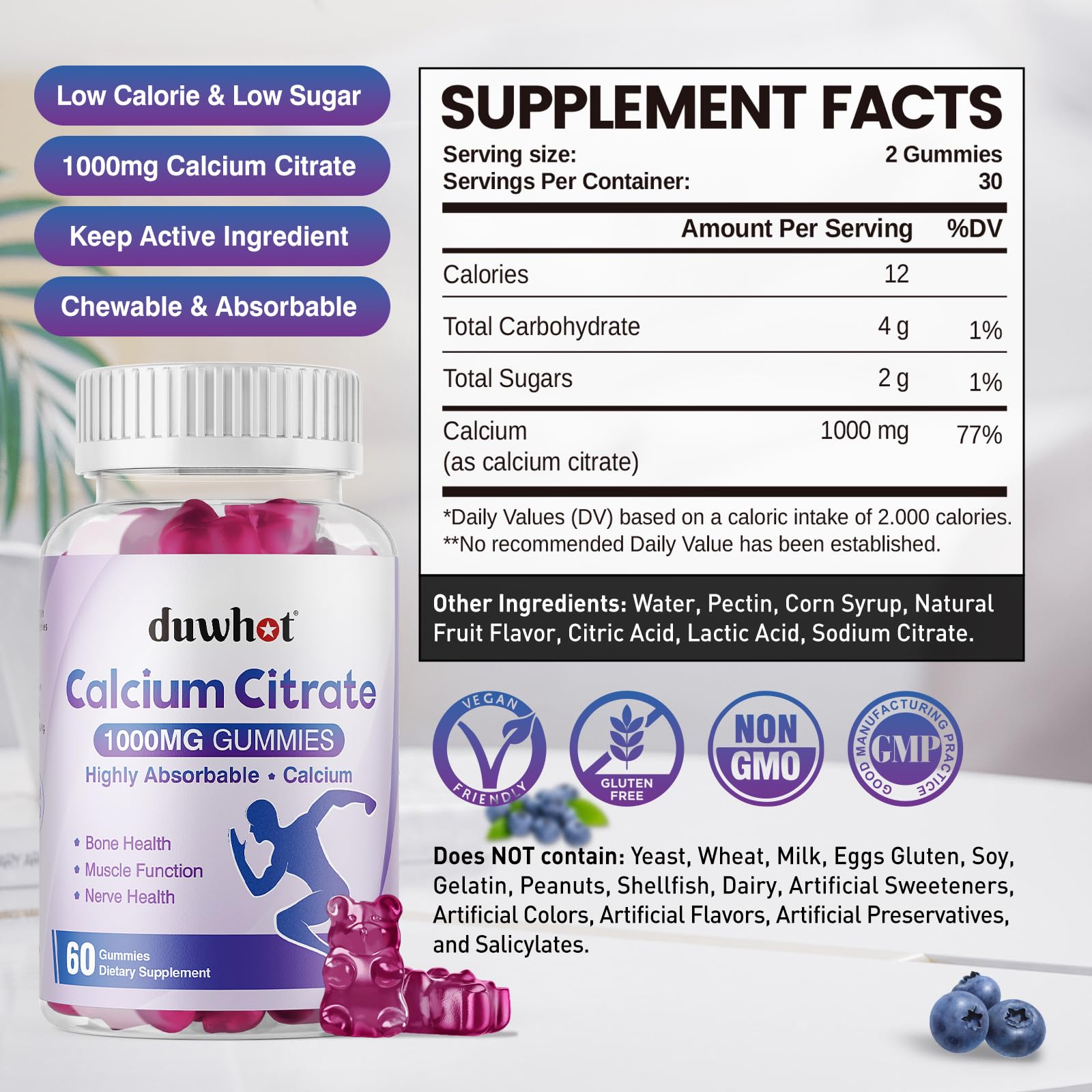 Duwhot Calcium Citrate Gummies being poured, easy daily supplement for balanced calcium intake.