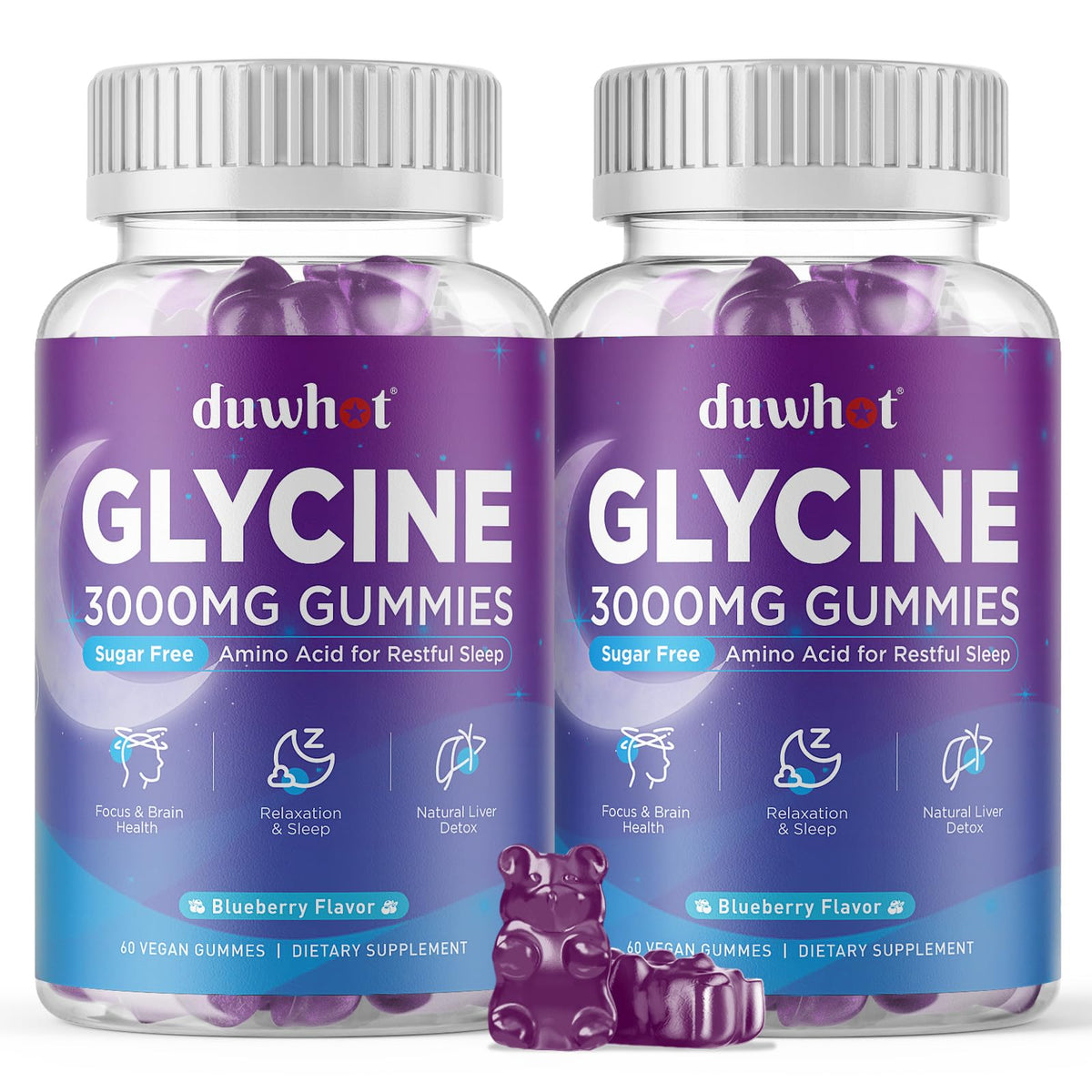 duwhot Glycine Gummies bottle front with blueberry flavor for a calming evening.