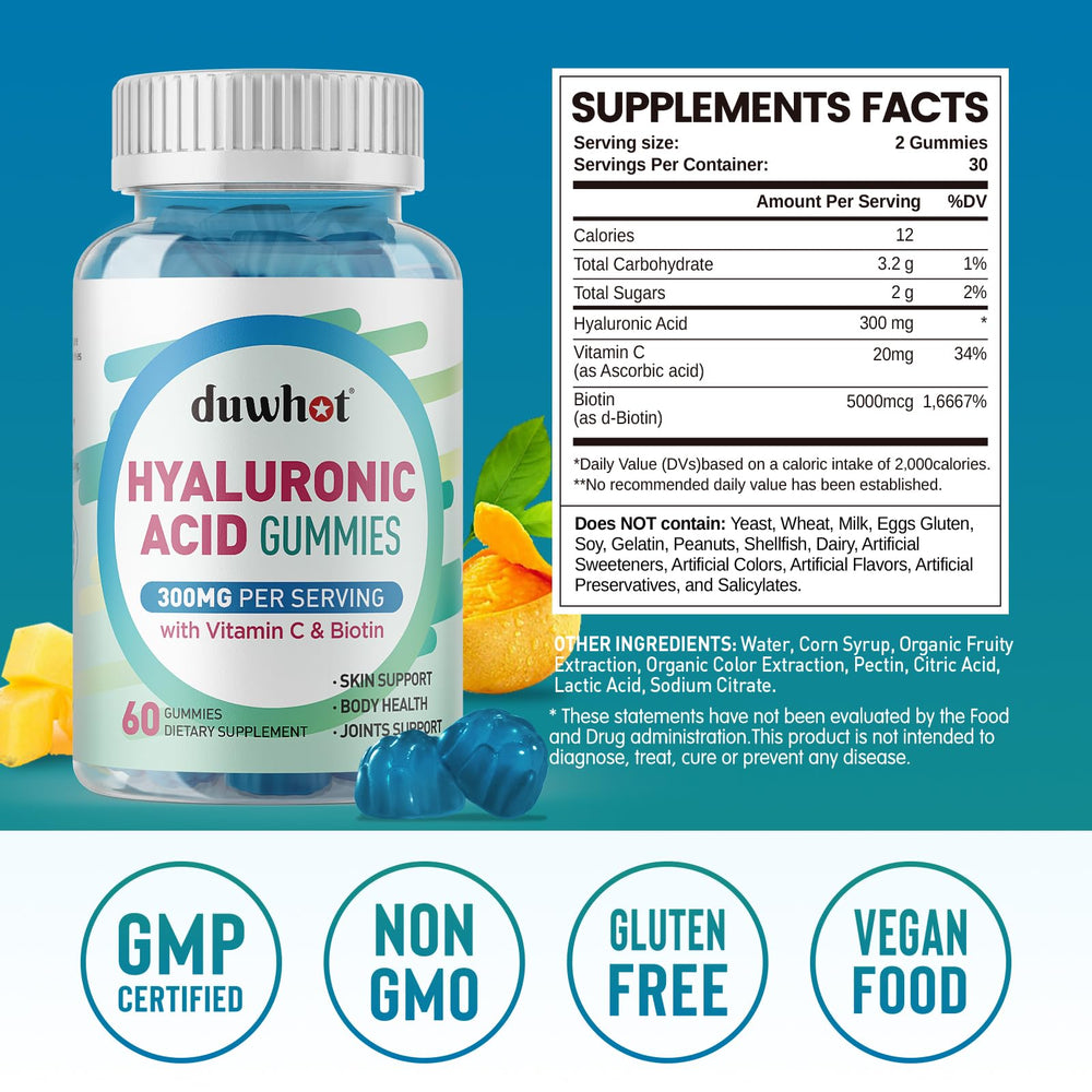 duwhot Hyaluronic Acid Gummies bottle side with nutrition facts