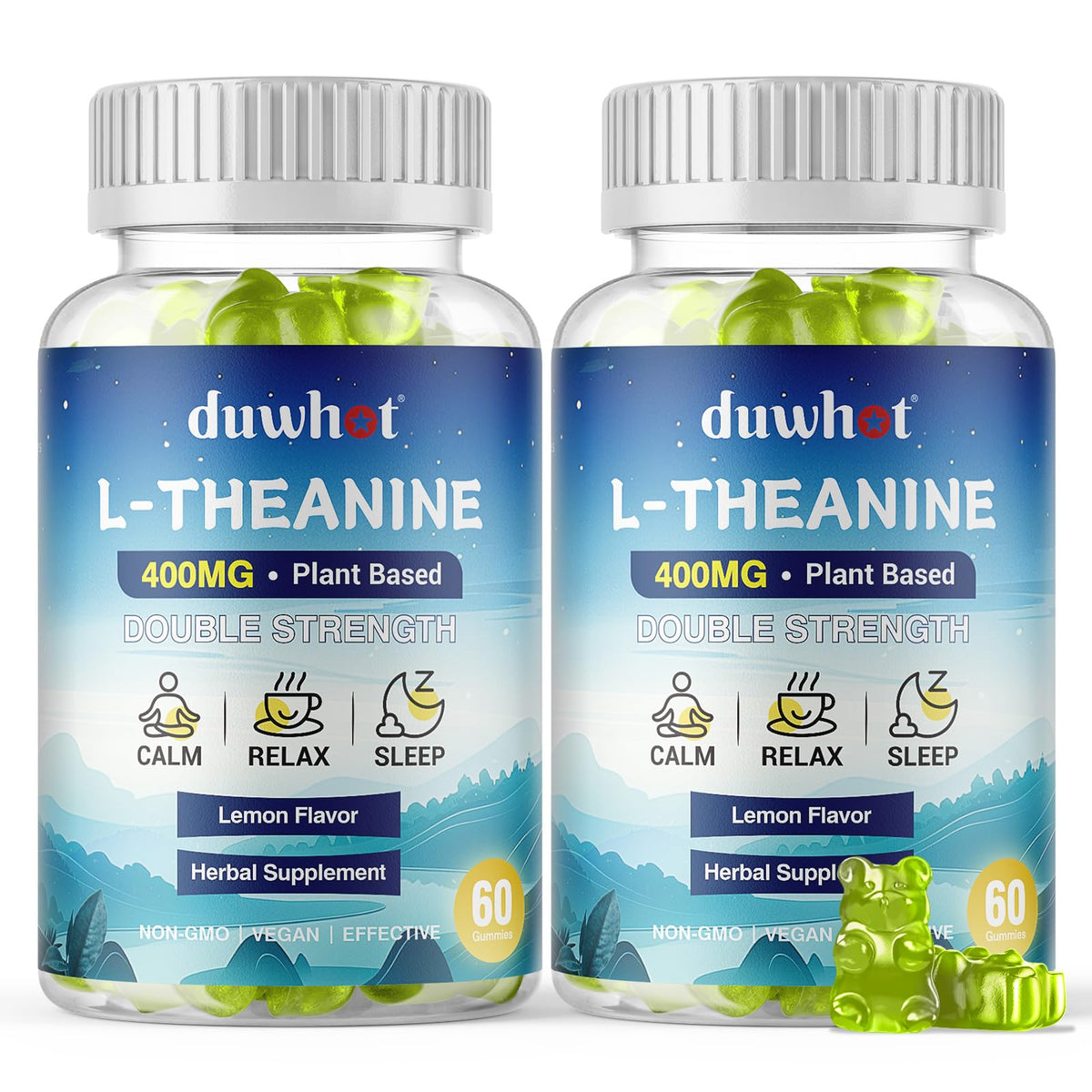 duwhot L-Theanine gummies bottle front shows calm lemon flavor and vegan formula