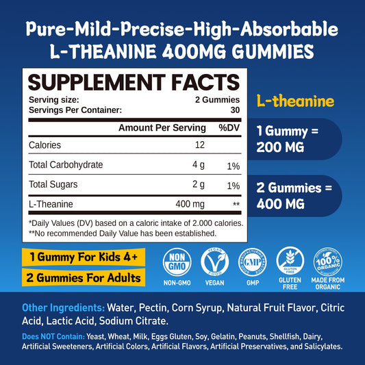 duwhot L-Theanine 400mg serving close-up shows two gummies for focus support