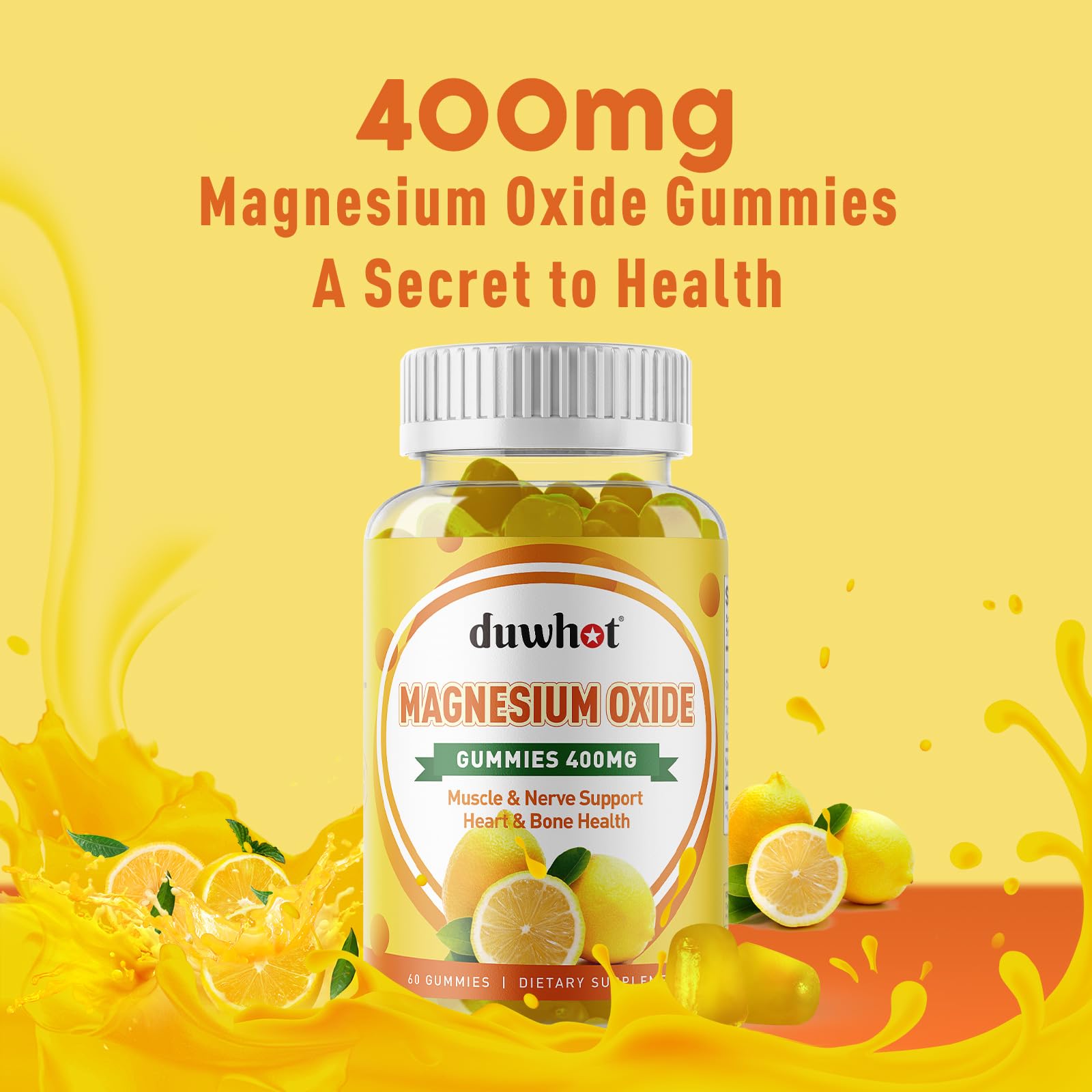 Duwhot Magnesium Oxide Gummies ingredients panel highlights vegan, gluten-free, non-GMO formulation.