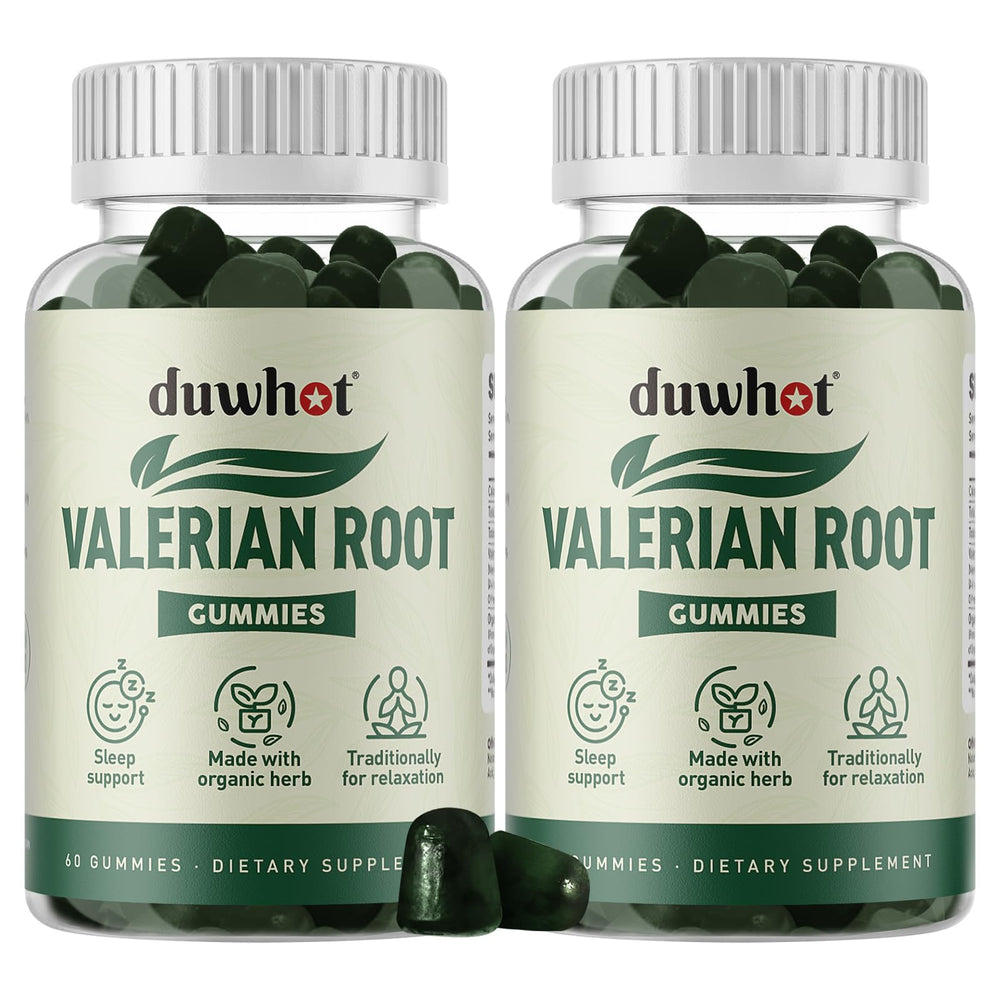 Duwhot Valerian Root Gummy bottle showing a 120-count jar for restful nights.