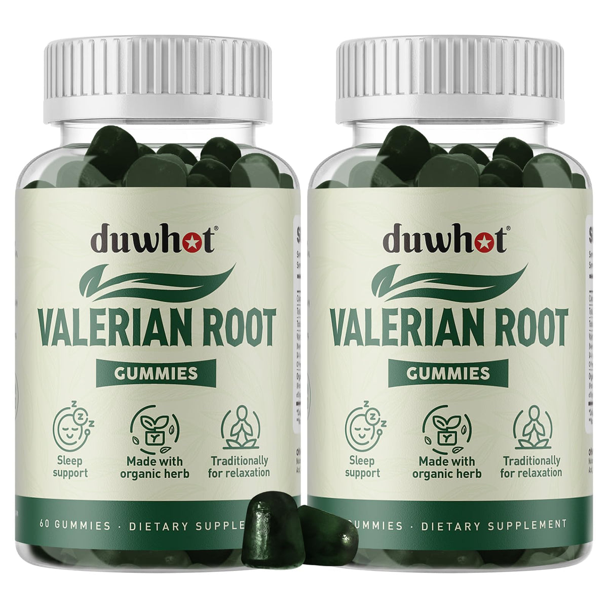 Duwhot Valerian Root Gummy bottle showing a 120-count jar for restful nights.