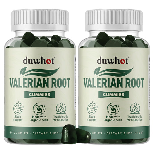 Duwhot Valerian Root Gummy bottle showing a 120-count jar for restful nights.