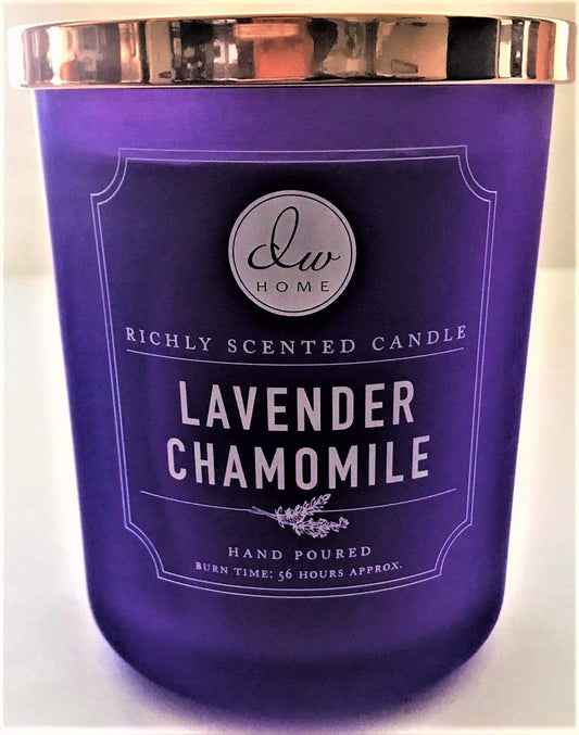 DW Home candle closeup reveals two wicks and soy blend for clean, even burn.