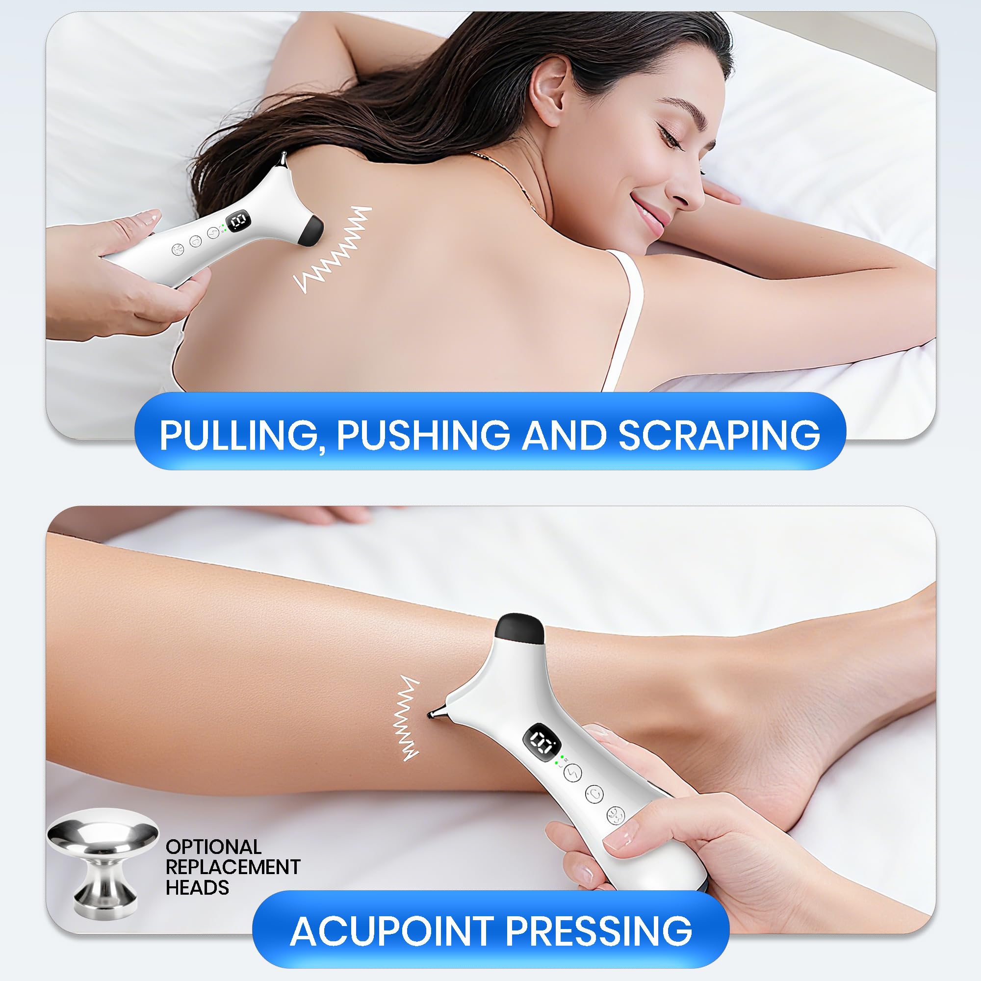 Dyhodu dual-head massage detail showing acupressure and muscle relaxation.