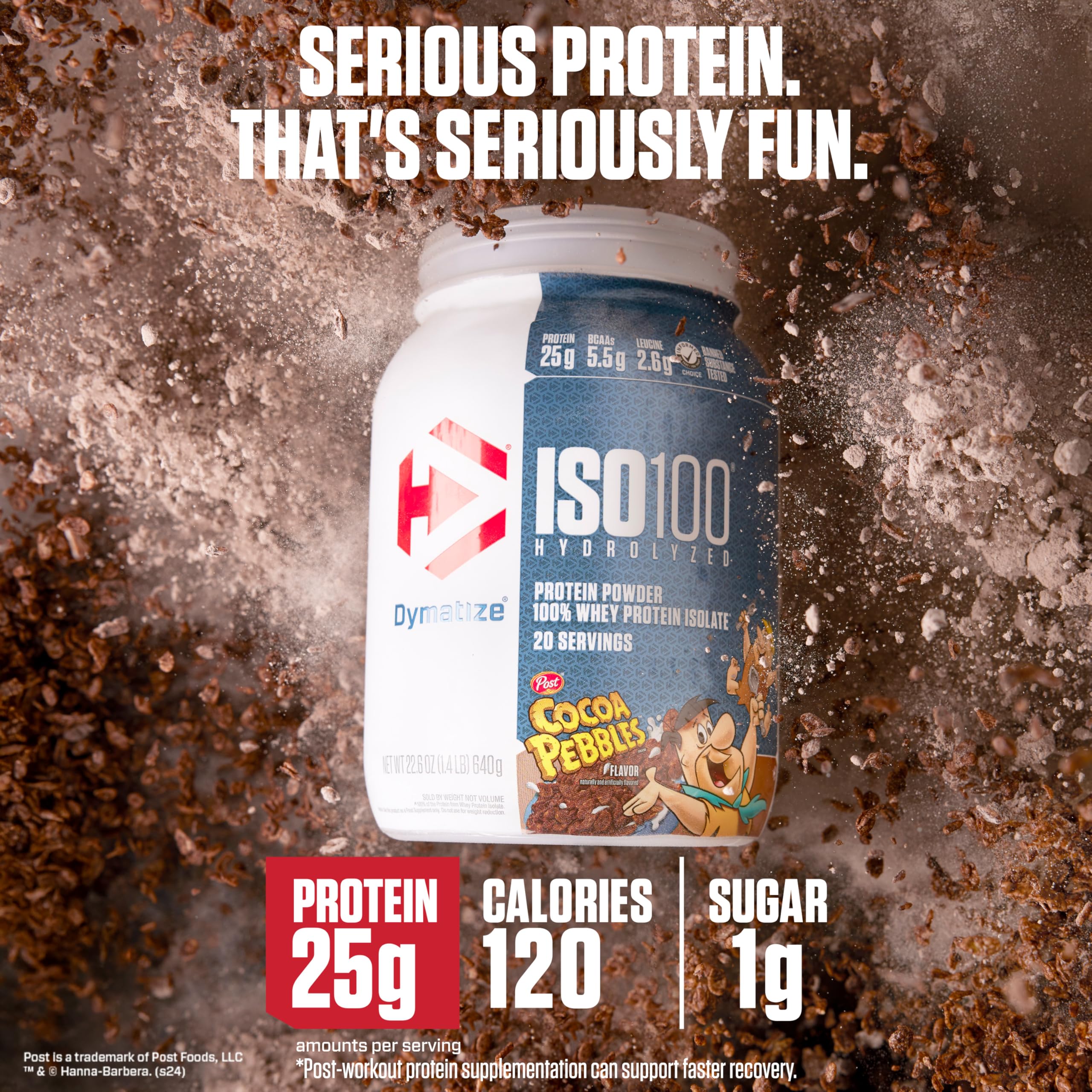 Dymatize Cocoa Pebbles ISO100 nutrition panel showing protein quality and macros.