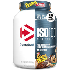 Dymatize Cocoa Pebbles ISO100 tub with high-protein powder for quick shakes.