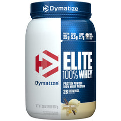 Dymatize Elite 100% Whey bottle in vanilla flavor for quick post-workout refuel.