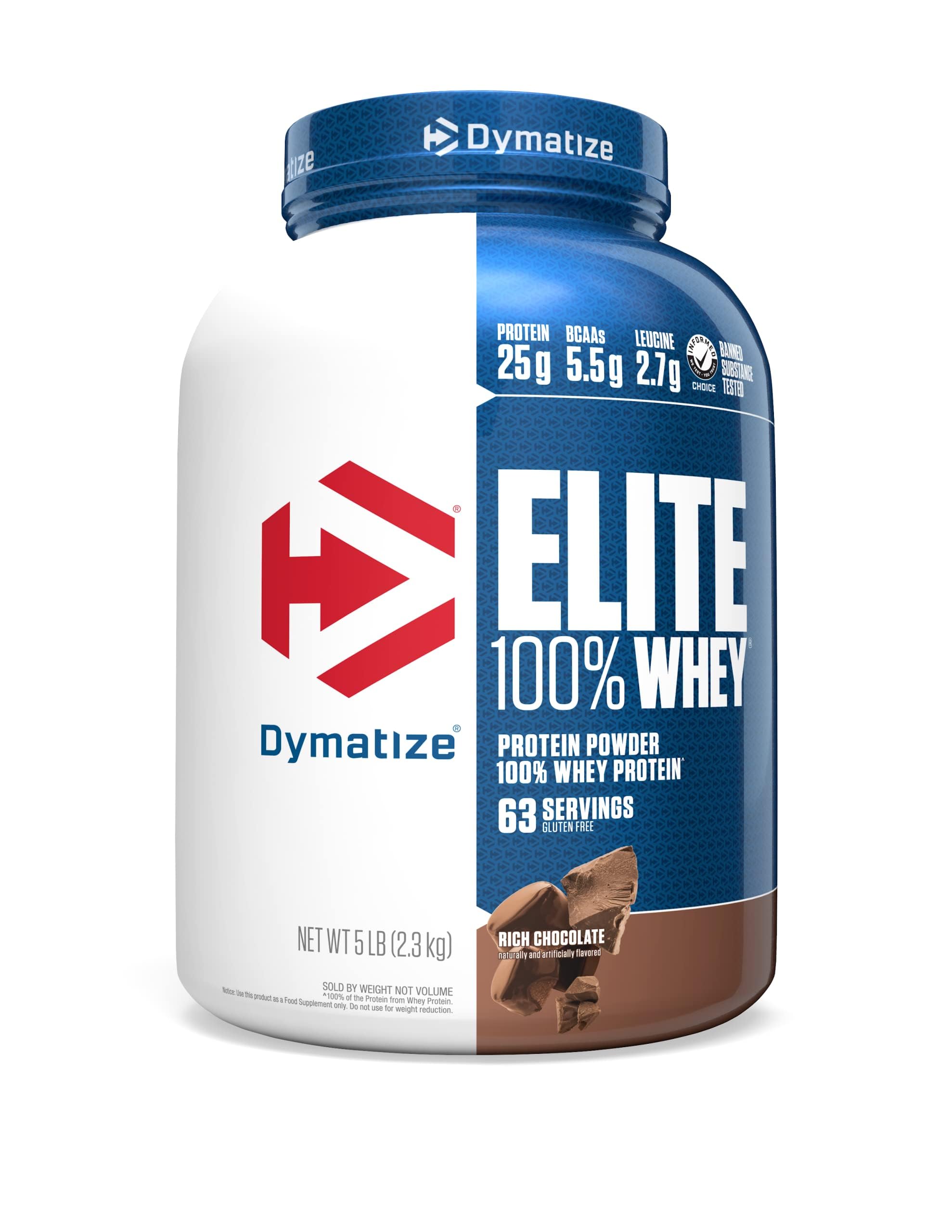 Dymatize Elite 100% Whey tub front with branding and flavor details.