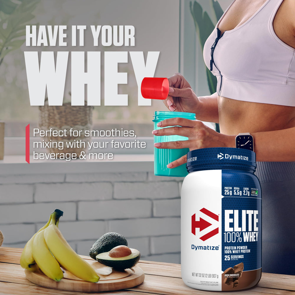 Dymatize Elite Whey Chocolate ready for pre- or post-workout routines.