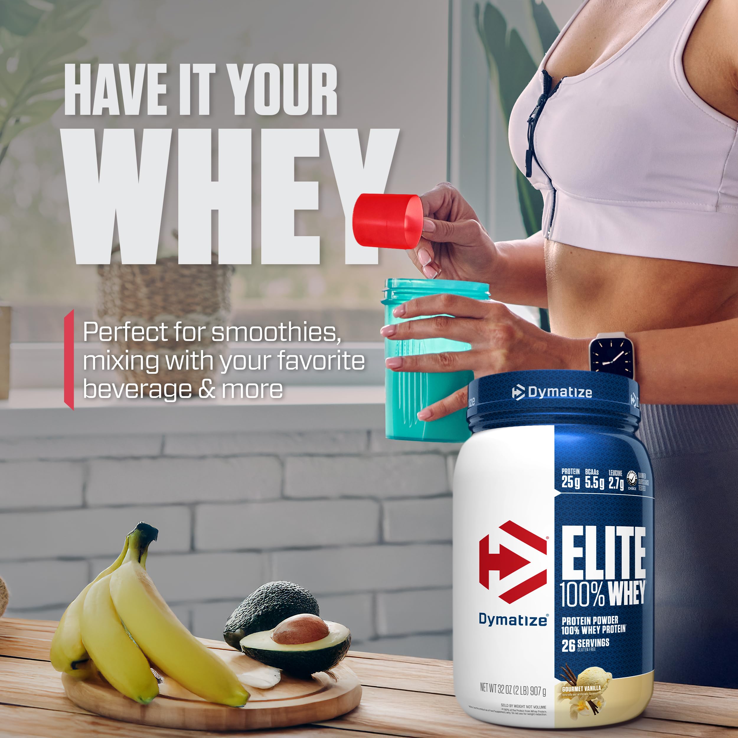 Dymatize Elite whey closeup ingredients emphasizing protein blend.