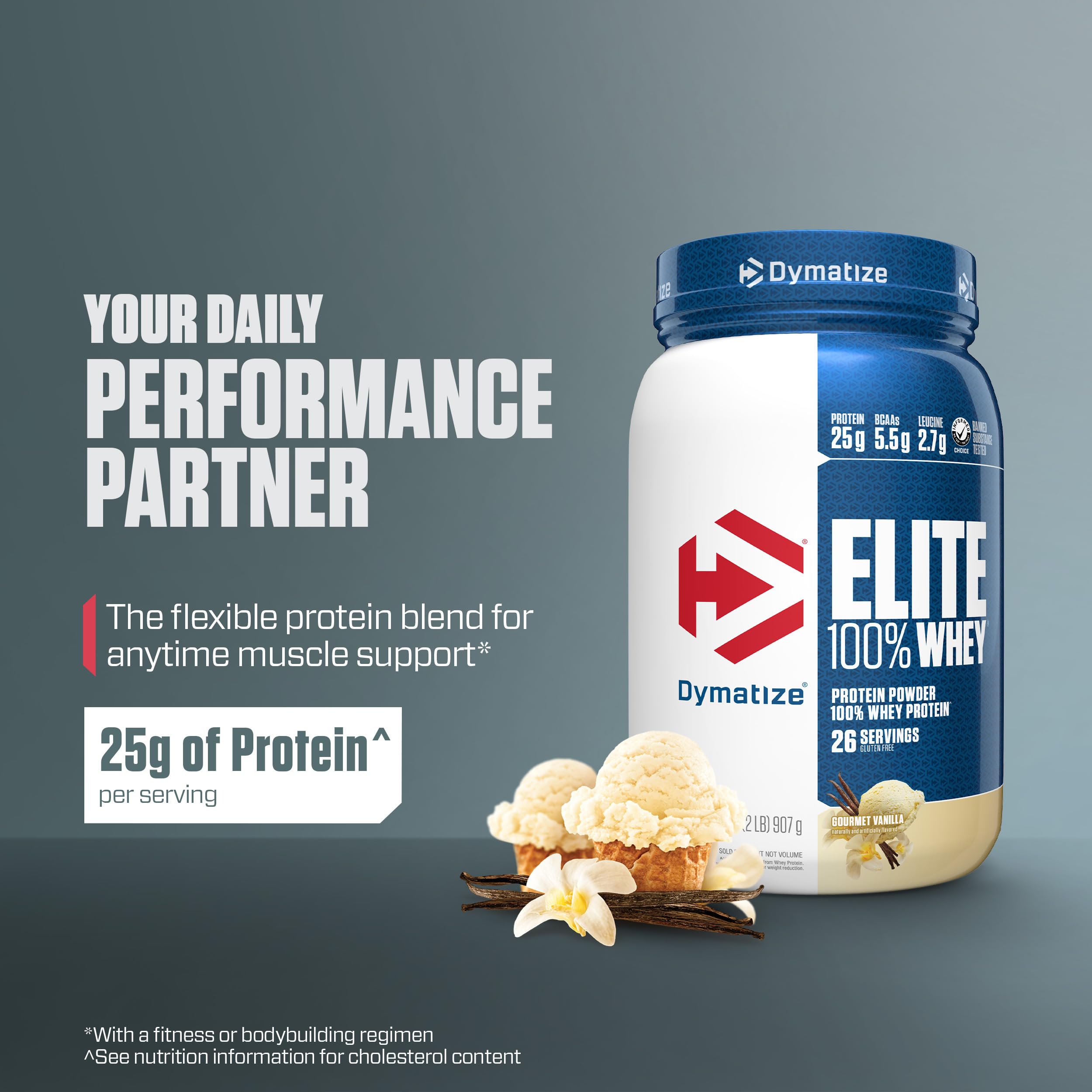 Dymatize Elite whey scoop dispensing for easy serving and accurate dosing.