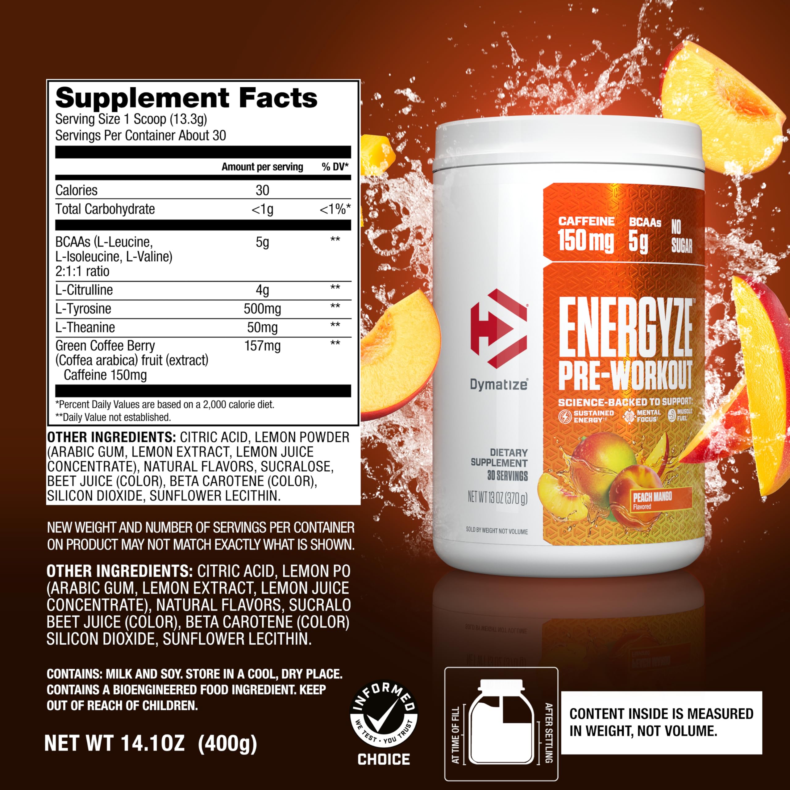 Dymatize Energyze label closeup highlights no sugar and key ingredients.