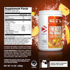 Dymatize Energyze label closeup highlights no sugar and key ingredients.