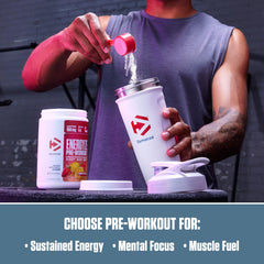 Dymatize Energyze bottle with label visible and certification icon.