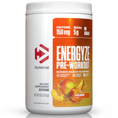 Dymatize Energyze preworkout bottle shows Peach Mango flavor for a clean energy boost before training.