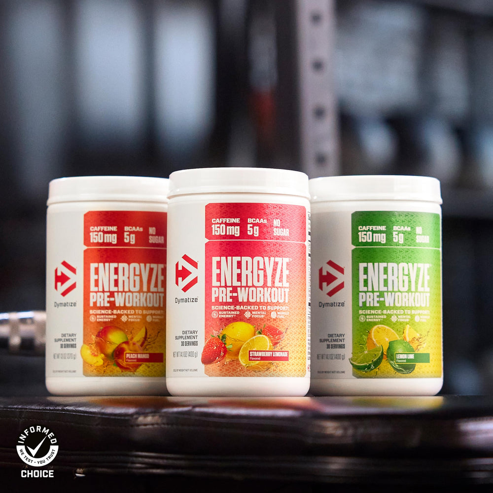 Dymatize Energyze nutrition facts panel highlighting caffeine and BCAAs.