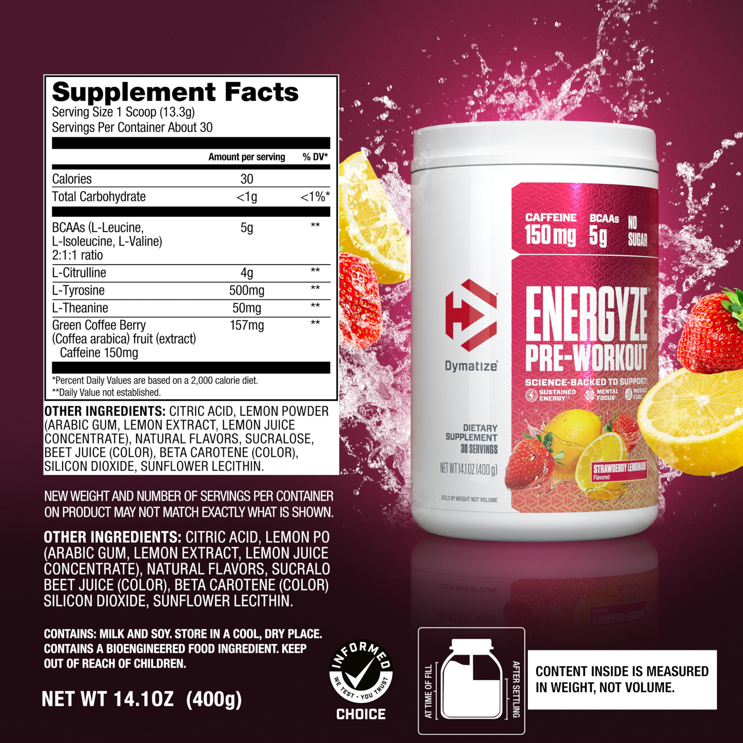 Dymatize Energyze scoop in water close-up dissolving the powder.