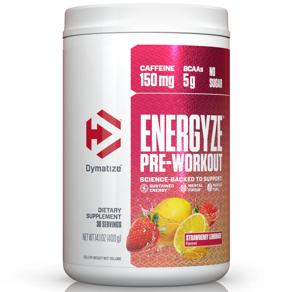 Dymatize Energyze strawberry lemonade powder ready to mix for focused pre-workout energy.