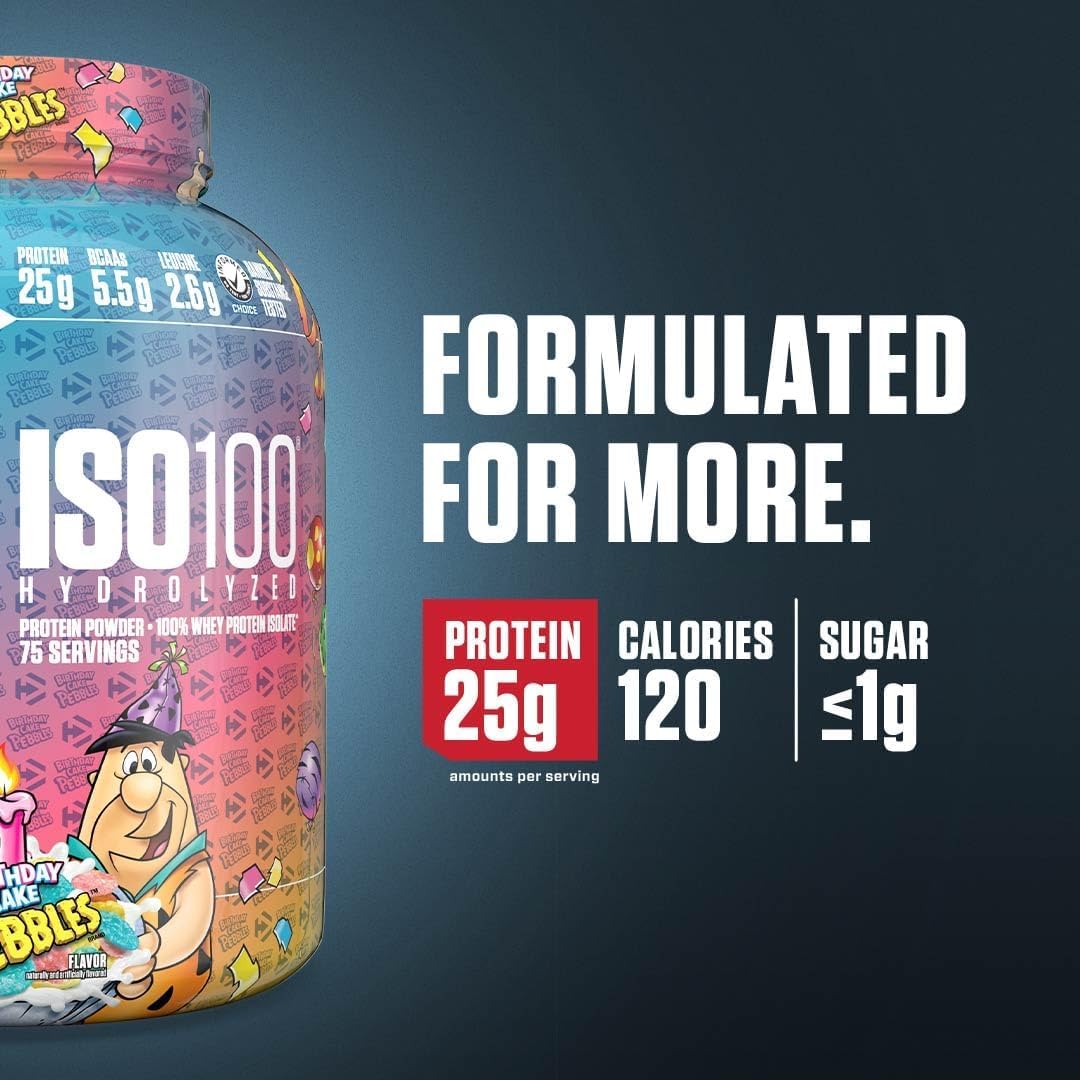 Dymatize ISO100 bottle pouring powder into shaker, convenient post-workout fueling