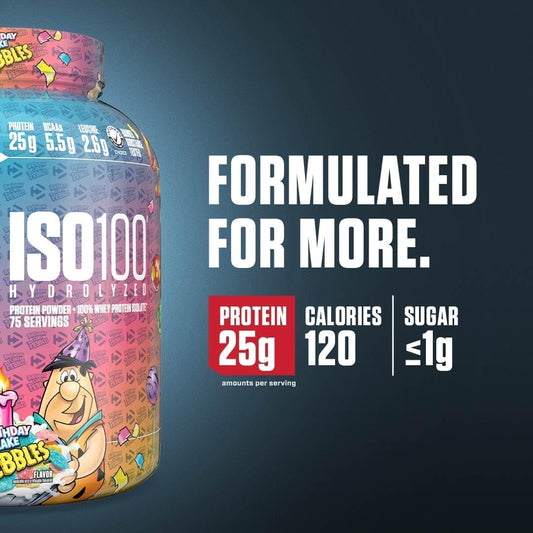 Dymatize ISO100 bottle pouring powder into shaker, convenient post-workout fueling