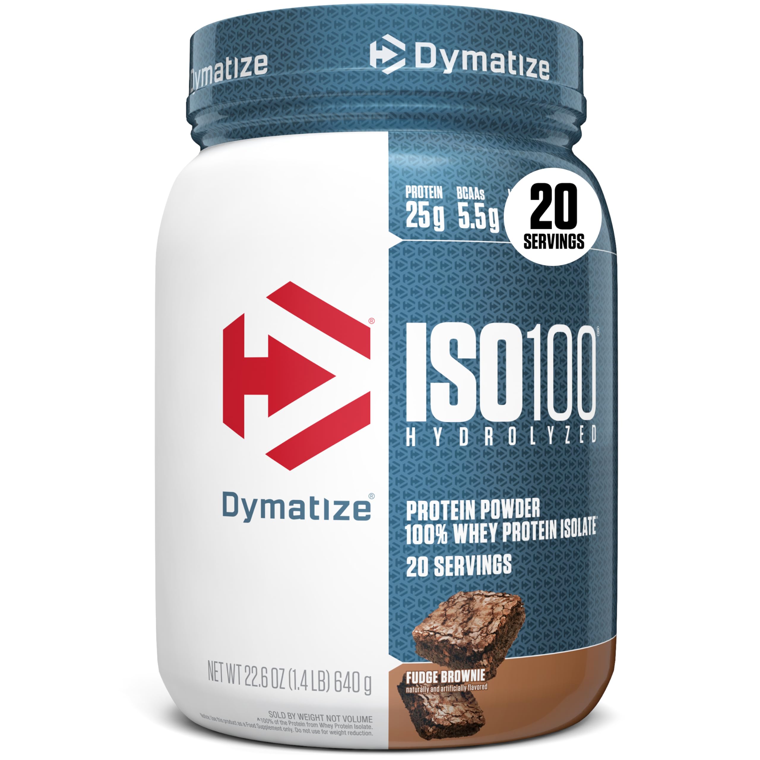 Dymatize ISO100 fudge brownie powder scoop for post-workout protein boost.