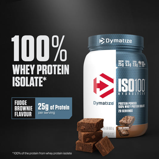 Dymatize ISO100 fudge brownie shake glass showing fast-absorption protein drink.