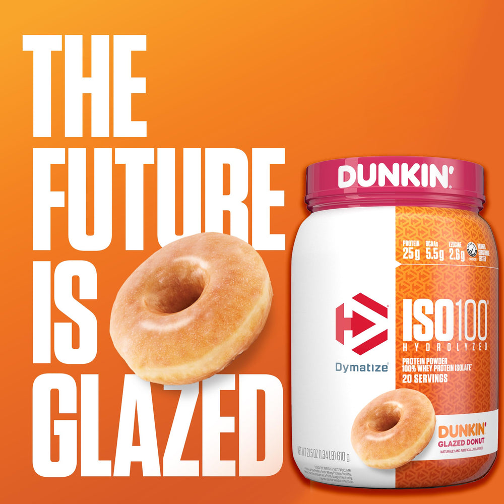 Dymatize ISO100 glazed donut shake glass highlights creamy texture and flavor