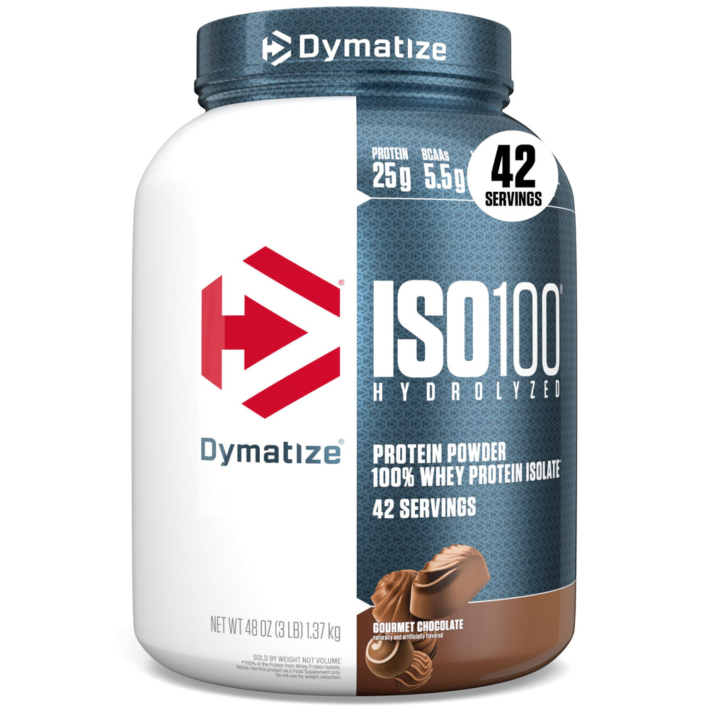 Dymatize ISO100 hydrolyzed protein canister front view for fast-absorbing whey protein