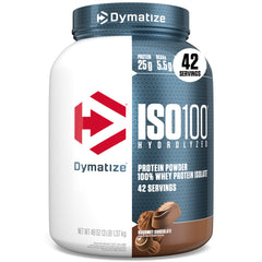 Dymatize ISO100 hydrolyzed protein canister front view for fast-absorbing whey protein