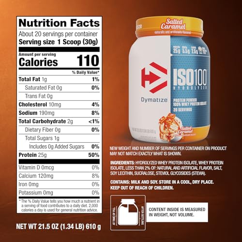 Dymatize ISO100 salted caramel bottle pouring demonstrates fast-digest protein for workouts